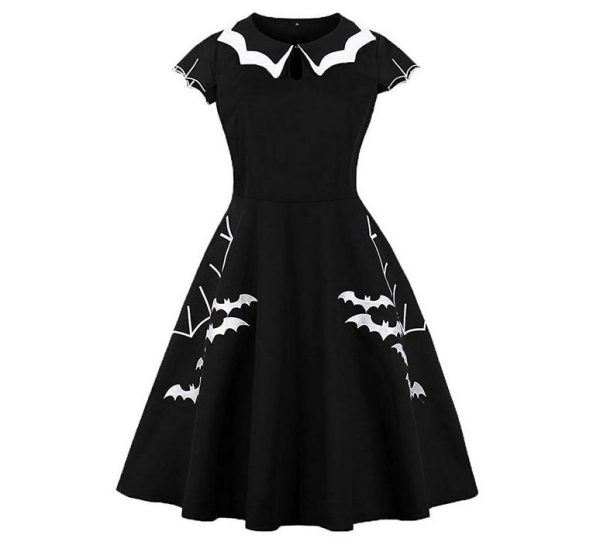 Women's Plus Size Bat Spider Web Embroidery Halloween Vintage Dress